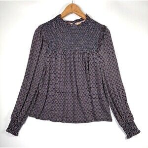 Boden Blouse Womens 8 Navy Gold Heart Print Smocked Long Sleeve Romantic Boho